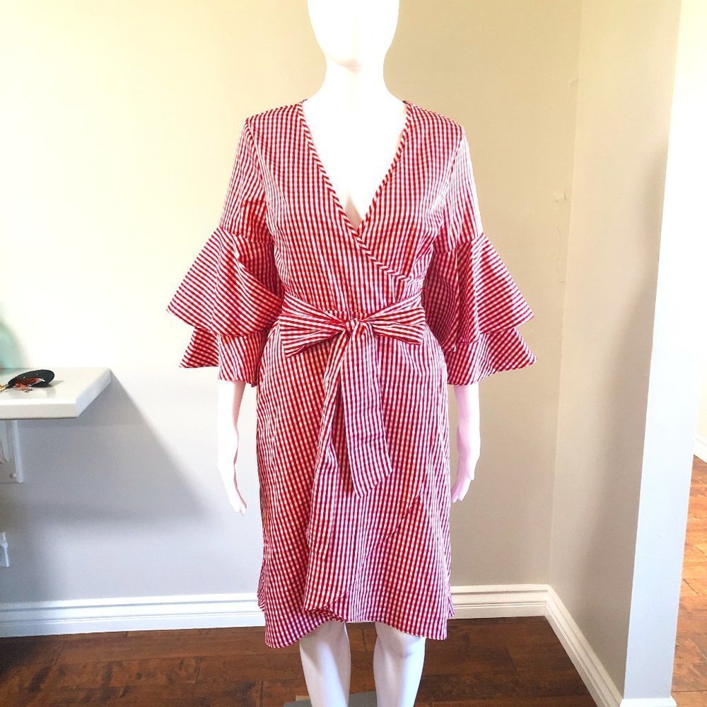 CHARLES HENRY RED & WHITE CHECKED FAUX WRAP DRESS WITH BELL SLEEVES SIZE…